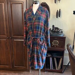 Lands End Sz M 100% Cotton Blue Plaid Belted Robe GUC